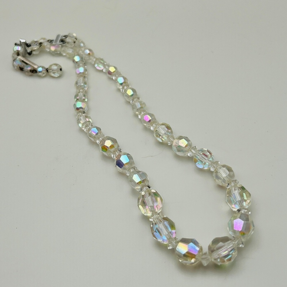 Vintage‎ W Germany Aurora Borealis AB Crystal Graduated Bead Necklace Hook Clasp